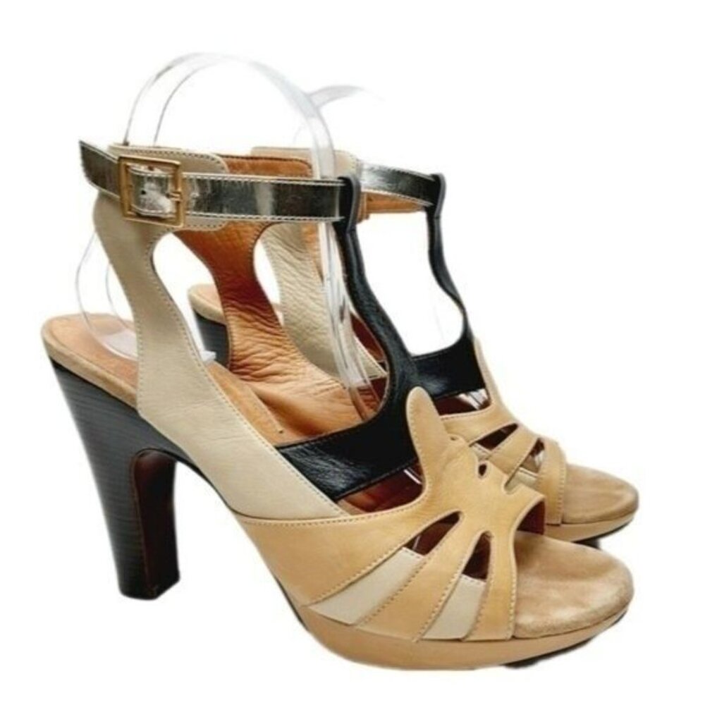 Anthropologie CHIE MIHARA Strappy Sandals Pumps Cream Leather Sz US 9 EUR 39